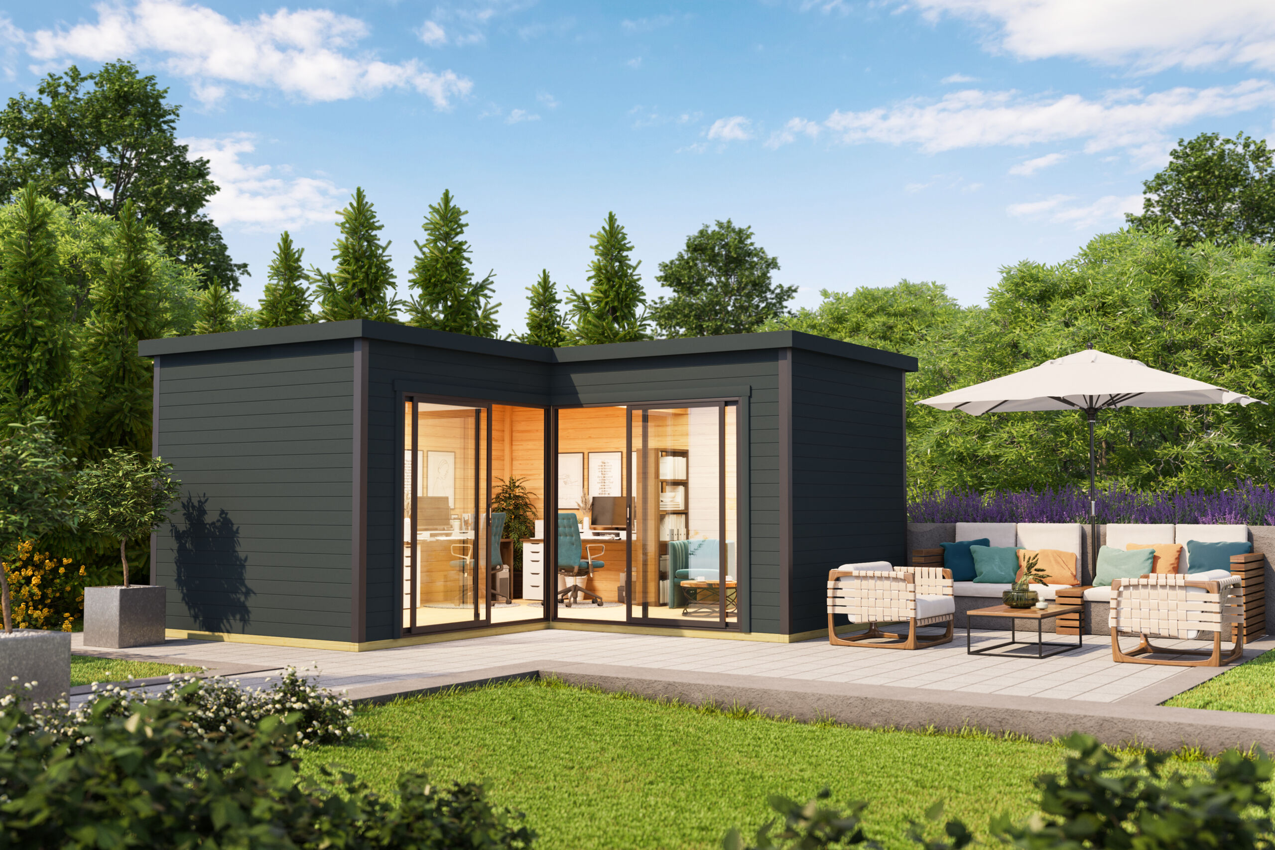 Garden office with glazed doors opening onto a terrace