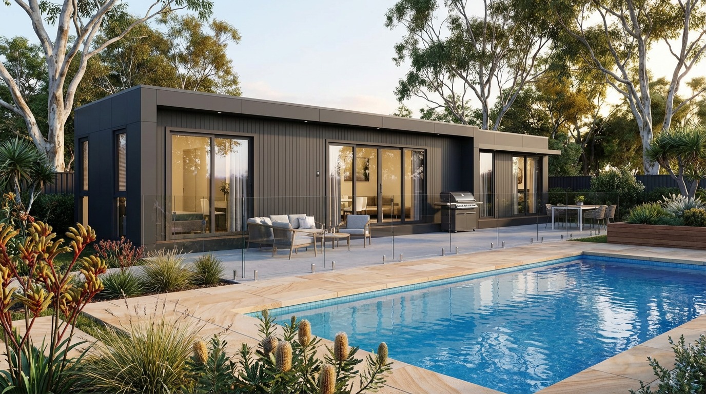 Goodlife modular home with a poolside outdoor living area