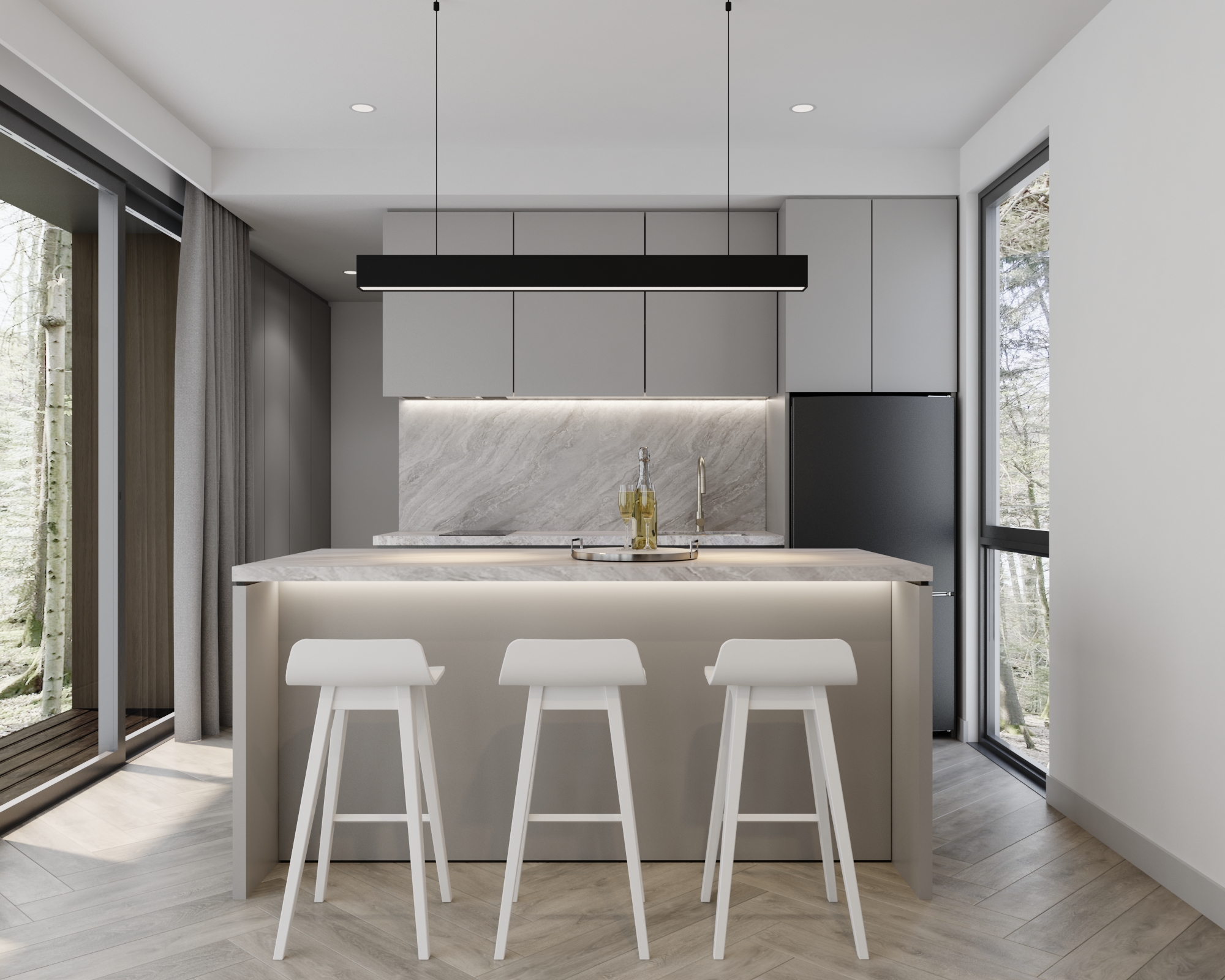 Contemporary Goodlife modular kitchen with island and pendant lighting